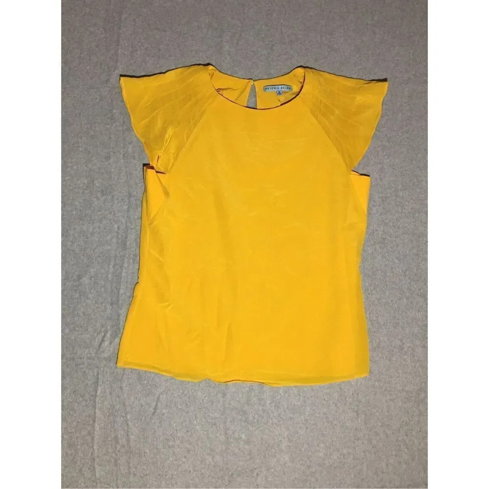 Womens Antonio Melani Blouse Size Medium Yellow Silk Ruffle Sleeve Career Wear